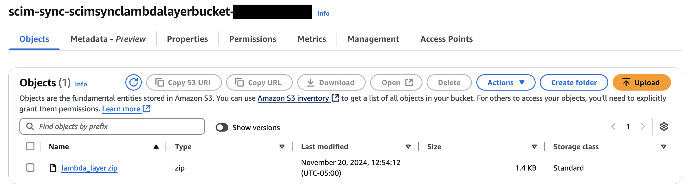 Screenshot of Lambda Layer S3 bucket